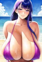 1girls ai_generated alteryors beach bikini breasts_bigger_than_head busty enormous_breasts female female_only genshin_impact huge_breasts large_breasts long_breasts long_hair massive_breasts milf plump purple_bikini purple_eyes purple_hair raiden_shogun sagging_breasts sea seductive_smile shore smile solo sunny sunshine sweat voluptuous