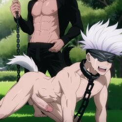 1boy 2boys ai_generated black_chain black_collar black_leash blind_folded blindfold chained collar collared completely_nude crying dog_tail dominant_male erect_penis erection exhibitionism faceless_male feet humiliation jujutsu_kaisen kemonomimi large_penis leash male male_only mouth_open muscular muscular_male nai_diffusion novel_ai nude nude_male outdoors public_nudity satoru_gojo sharp_teeth simple_background small_balls stable_diffusion submissive_male tail teeth white_hair white_tail yaoi