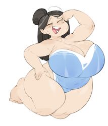 asian asian_female black_hair blue_swimsuit bulumble-bee chubby chubby_female closed_eyes glasses huge_breasts milf smile suzuki_(bulumble-bee) swimsuit