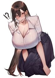 1futa bent_over blush breasts brown_eyes brown_hair cleavage clothed clothing erection erection_under_clothes erection_under_skirt fully_clothed futa_only futanari hiding_erection huge_breasts huge_cock human large_breasts light-skinned_futanari light_skin long_hair niwada_(unbeller) original original_character penis skirt skirt_pull solo standing tenting thick_thighs unbeller wide_hips