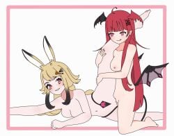 2girls biting_lip black_hair blonde_hair bunny_ears bunny_girl bunny_tail demon demon_girl demon_horns demon_tail demon_wings female female_only fully_nude legs_up luto_araka multicolored_hair multiple_girls naked noality non_anon prism_project red_hair scissoring spread_legs succubus unusual_pupils virtual_youtuber yuri