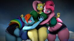 3d 3d_(artwork) anthro anthro_only belly_button bent_over big_breasts big_thighs busty cryowolf9 earth_pony equine females_only fluttershy_(mlp) friendship_is_magic furry furry_only grope hand_in_shorts hand_on_breast hand_on_leg hand_on_thigh leg_grab lesbian mammal mare midriff minishorts my_little_pony night night_sky open_mouth outdoors outside pegasus pinkie_pie_(mlp) pony rainbow_dash_(mlp) shorts tanktop touching_breast trio wide_hips yuri