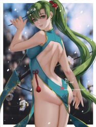 1girls alternate_costume ass ass_cleavage back back_view backless_outfit bare_back bare_shoulders bare_thighs big_ass breasts butt_crack changpao china_dress chinese_clothes dress earrings female female_only fire_emblem fire_emblem:_the_blazing_blade flower green_eyes green_hair grin hair_flower long_hair looking_at_viewer looking_back lyn_(fire_emblem) medium_breasts nintendo paid_reward_available pelvic_curtain petals ponytail revealing_clothes side_slit sleeveless smile solo thighs very_long_hair web_address wei_(promise_0820)