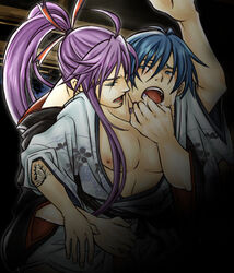 2boys blue_hair crying crying_with_eyes_open gakupo_kamui gay hand_in_mouth kaito long_hair nail_polish purple_hair tagme vocaloid yaoi