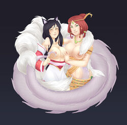 2girls ahri animal_ears black_hair braided_hair breasts crossover cuti-chan deity fox_ears fox_girl fox_tail furry_tail goddess hand_on_breast hand_on_hip league_of_legends long_hair monster_girl multiple_girls multiple_tails necklace nipples notcuti nu_wa_(smite) partially_clothed red_hair riot_games scales smite snake_girl vastaya yuri