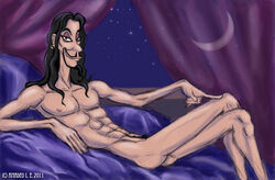 1boy 2011 abs aladdin ass black_hair crescent_moon disney disney_villains goatee human indoors jafar lying male male_only night_sky nipples nude on_back pose pubic_hair shoulder_length_hair side_view slender smirk solo