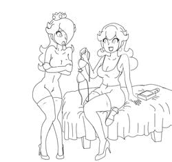 arturesparasito bed breasts clothes covering crown ear_piercing female female_only human mario_(series) monochrome multiple_girls nintendo piercing princess_peach princess_rosalina sitting standing tagme