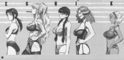 5girls balalaika bandeau big_breasts black_lagoon body_profile bra braid breasts bust_chart bustier character_sheet cigar dark-skinned_female dark_skin female female_only garter_belt glasses hairband halterneck hiroe_rei indian indian_female janet_bhai lace lace-trimmed_bra lace-trimmed_panties lace-trimmed_thighhighs large_breasts lingerie lipstick long_hair monochrome multiple_girls pale-skinned_female panties ponytail revy roberta_cisneros scar scars smile smoke sports_bra striped striped_panties tattoo thighhighs tied_hair twin_braids underwear