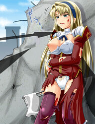 1girls blonde_hair blood bruises clothing dress freezing freezing_(series) hairband homare_(suzu_no_oka) one_breast_out panties pointy_chin satellizer_el_bridget torn_clothes weapon