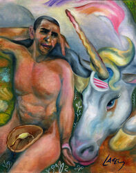 barack_obama butter_pat dan_lacey dark-skinned_male hand_behind_head no_visible_genitalia nude pancake syrup tagme unicorn