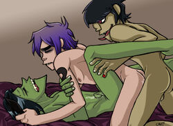 2005 2d_(gorillaz) ace_copular cartoon_network cmo_(artist) color_edit crossover gorillaz male male_only monochrome murdoc_niccals musician penis powerpuff_girls sex threesome yaoi