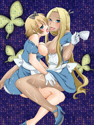 2girls ahe_gao alice_(wonderland) alice_in_wonderland alice_liddell alice_liddell_(cosplay) apron areolae blonde_hair blue_eyes blush breasts cleavage cosplay cum erect_nipples female ganguro glasses gloves hellsing high_heels highres integra_hellsing multiple_females nipples ribbon seras_victoria teacup tongue_out voluptuous yuri