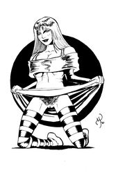 1girls 2010 alternate_version_available clothing cyclone_(dc) dc dc_comics female female_only front_view human inked justice_society_of_america kneeling maxine_hunkel michael_powell monochrome pussy solo tagme uncensored