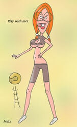 1girls alternate_breast_size ball buckteeth cameltoe cleavage cleavage_cutout disney english_text facing_viewer female female_only freckles glasses gretchen_grundler helix looking_at_viewer midriff navel nipples no_bra recess simple_background skinny solo tagme underboob