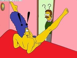 !! 1girls 1male ?? animated blue_hair clothed_male_nude_female cmnf marge_simpson ned_flanders nude_female opening_door presenting_pussy pubic_hair spread_legs surprised tagme the_simpsons yellow_skin