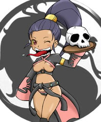 2d chibi dark_skin female long_tongue mileena mortal_kombat mortal_kombat:_deception nipples ponytail skull teeth tied_hair tongue wink