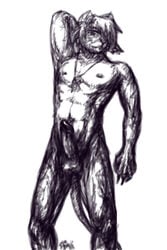 1boy abs arm_behind_head balls blush buwaro_elexion claws demon horns male male_only monochrome muscles navel necklace nipples nude penis slightly_damned solo stripes webcomic yellowpower