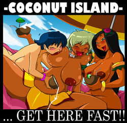 3girls black_hair blonde_hair blush breast_sucking breasts busty curvy dark-skinned_female dark_nipples dark_skin earrings english_text female goddess hanging_breasts huge_breasts human jungle_de_ikou large_breasts leaf leaf_skirt light-skinned_female light_skin long_hair mii_(jungle_de_ikou) multiple_girls necklace nipples nude ronzo short_hair skirt skull_necklace tagme text thick_thighs threesome tribal trio voluptuous wide_hips yuri