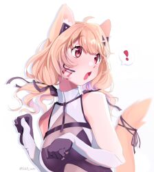 ! 1girl ahoge animal_ears bangs bare_shoulders black_gloves blonde_hair blush breasts cat_ears cat_tail catgirl diagonal_stripes dress eyebrows_visible_through_hair face_markings gloves hair_ornament long_hair looking_at_viewer low_twintails open_mouth red_eyes ribbon sleeveless solo spoken_exclamation_mark squchan_(vtuber) striped striped_background twintails twitter_username upper_body vertical_stripes virtual_youtuber vyugen white_background