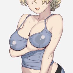 :d bangs bare_shoulders blonde_hair blue_shirt breast_lift breasts camisole cleavage collarbone covered_nipples darjeeling female girls_und_panzer grabbing_own_breast highres lactation lactation_through_clothes medium_breasts milk onsen_tamago_(hs_egg) open_mouth shirt short_hair simple_background sleeveless smile solo standing sweatdrop white_background