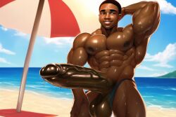 abs ai_generated areola arms_behind_head balls beach beach_umbrella biceps big_balls big_penis black_penis dark-skinned_male dark_skin erection hyper_balls hyper_penis hyper_testicles male male_only muscular muscular_male nipples pecs penis shy solo solo_focus solo_male sweat sweatdrop sweating testicles water wet_body wet_skin