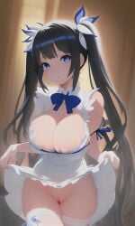 1girls ai_generated dress dress_lift dungeon_ni_deai_wo_motomeru_no_wa_machigatteiru_darou_ka female female_only hestia_(danmachi) leg no_panties solo stable_diffusion tagme wear