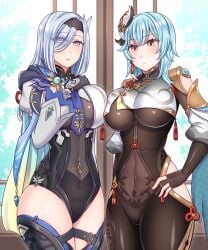 2girls big_breasts breast_to_breast breasts brown_eyes clothing cosplay costume_switch eula_(genshin_impact) eula_(genshin_impact)_(cosplay) eye_visible_through_hair female female_only genshin_impact hair_ornament hand_on_hip headwear hips huge_breasts legwear long_hair mature mature_female neckwear shenhe_(genshin_impact) shenhe_(genshin_impact)_(cosplay) short_hair teal_hair thick_thighs thighs white_hair yakisobapan_tarou_&_negitoro-ko