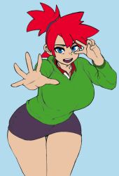 blue_eyes bunybunyboi ear_piercing foster's_home_for_imaginary_friends frankie_foster green_clothes green_sweater red_hair sweater thick_thighs