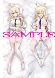 1girls absurdres alternate_costume anus arm_up armpits arms_up ass_visible_through_thighs bangs bed_sheet blonde_hair blue_necktie blush breasts censored closed_mouth clothes_lift collarbone convenient_censoring crossed_bangs dakimakura_(medium) dakimakura_design eyelashes feet female flower from_above full_body genshin_impact hair_between_eyes hair_flower hair_ornament highres impossible_clothes impossible_shirt jacket knees_apart_feet_together knees_together_feet_apart large_areolae large_breasts legs lifted_by_self lily_(flower) long_sleeves looking_at_viewer lumine_(genshin_impact) lying multiple_views nail_polish navel necktie nipples no_shoes nude on_back oouso open_mouth panties pink_panties pussy sample_watermark shiny_skin shirt short_hair_with_long_locks skindentation skirt skirt_lift sweatdrop thigh_gap thighhighs thighs toes underwear white_jacket white_shirt white_skirt white_thighhighs yellow_eyes