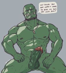 1boy abs aervyl bald bara dialogue facial_hair fantasy gay green_skin looking_at_viewer male male_focus male_only muscles muscular muscular_male naked orc precum presenting sharp_teeth sitting stubble tusks verbal verbal_domination yaoi