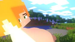 1girls 3d 3d_(artwork) alex_(minecraft) breasts cubanapple female green_eyes light-skinned_female light_skin looking_at_viewer mine-imator minecraft nude nude_female outside side_view sideboob solo solo_female square_head