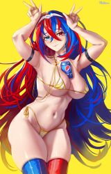 1girls alear_(female)_(fire_emblem) alear_(fire_emblem) armpits arms_up artist_name asymmetrical_legwear bangs between_breasts bikini blue_eyes blue_hair blue_thighhighs breasts can closed_mouth crossed_bangs double_v female female female_only fire_emblem fire_emblem_engage hair_between_eyes heterochromia highres large_breasts long_hair looking_at_viewer micro_bikini mismatched_legwear multicolored_hair nintendo pepsi red_eyes red_hair red_thighhighs side-tie_bikini_bottom simple_background smile solo swimsuit thick_thighs thighhighs thighs two-tone_hair ultrabinou v very_long_hair yellow_background