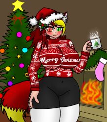 1girls alternate_version_available archly_(oc) ass blush breasts cat_ears catgirl christmas christmas_outfit christmas_tree cup fox_tail green_eyes hammler heterochromia hot_chocolate nekomimi original pants red_eyes red_hair red_sweater sweater tagme tail thick_thighs voluptuous