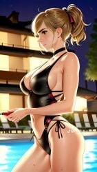 ai_generated at_night big_breasts bikini black_choker black_swimsuit celebrity cellphone choker dark_eyes emma_watson harry_potter hermione_granger moewaifu974 nighttime real_person skinny swimming_pool teen teen_girl teenage_girl teenager tight_fit tiktok