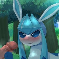 1:1 2023 ambiguous_gender blush digital_media_(artwork) disembodied_penis duo eeveelution eyebrows feral generation_4_pokemon genitals glaceon hi_res human human_on_feral human_on_pokemon humanoid_genitalia humanoid_penis imminent_fellatio interspecies male male/ambiguous male_on_feral malesub mammal nintendo outside penis plant pokemon pokemon_(species) pyroxtra smile solo_focus tree zoophilia