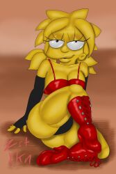 1girls 2022 aged_up armwear color digital_media_(artwork) female female_only heel_boots heels latex lisa_simpson looking_at_viewer pigtails pinup the_simpsons yellow_body yellow_hair yellow_skin zst_xkn