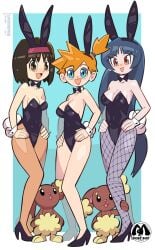 2girls 3girls animal_ears bangs black_footwear black_hair black_legwear black_leotard blackcat18up blackcat_(pixiv) blush breasts buneary bunny_ears bunny_girl bunnysuit clavicle cleavage clothing erika_(pokemon) eyebrows_visible_through_hair fake_animal_ears female female_only footwear full_body game_freak gym_leader hairband high_heels high_resolution huge_breasts kasumi_(pokemon) large_breasts legwear leotard long_hair looking_at_viewer medium_breasts multiple_girls nintendo pantyhose playboy_bunny pokemon pokemon_(game) pokemon_lgpe pokemon_rgby pumps red_eyes red_hairband sabrina_(pokemon) shiny shiny_clothes shiny_hair shiny_legwear shoes short_hair signature simple_background sitting striped striped_leotard very_high_resolution white_background