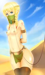 1girls armlet arms_tied_behind_back birds blonde_hair blue_eyes bondage breasts circlet collar desert earrings green_panties harem_outfit hyrule_warriors leash linkle looking_at_viewer midriff navel nintendo nipple_piercing nipple_rings nipples outside panties pelvic_curtain purple_mii sand sky slave slave_crest small_breasts sweating the_legend_of_zelda thighhighs topless twin_braids veil