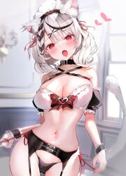 1girls bandeau black_garter_belt black_garter_straps black_hair black_panties braided_hair breasts cat_ears cat_girl cat_tail collar detached_sleeves earrings garter_belt garter_straps hair_ribbon hairband hololive hololive_japan holox indoors large_breasts light-skinned_female looking_at_viewer maid maid_headdress medium_hair midriff navel niku_(hamuchang) painted_fingernails pale-skinned_female panties panties_over_garter_belt red_eyes sakamata_chloe side-tie_panties silver_hair solo solo_female streaked_hair virtual_youtuber white_bandeau window