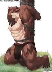 anthro bound bulge canid canine canis hi_res kamyuelo male male_only mammal muscular muscular_anthro muscular_male nipples scar solo solo_male text url wolf