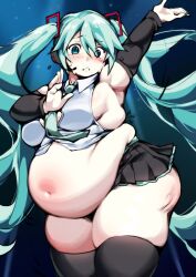 1girls armpit belly belly_button big_belly blue_eyes blue_hair blush breasts cellulite chubby cleavage clothed fat female female_only hatsune_miku overweight side_view thick_ass thick_thighs thighhighs tsunaakan vocaloid voluptuous