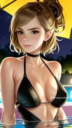 ai_generated at_night big_breasts bikini_top black_choker black_swimsuit celebrity choker dark_eyes emma_watson harry_potter hermione_granger moewaifu974 nighttime real_person skinny swimming_pool teen teen_girl teenage_girl teenager tight_fit tiktok