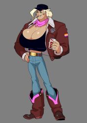 1girls alex_(dieselbrain) beer blonde_hair boots butch dieselbrain female_only huge_breasts lesbian_pride_colors manly_face masculine_female muscular muscular_female solo solo_female