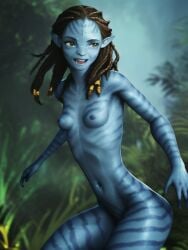 1girls ai_generated alien alien_girl alien_only athletic_female avatar avatar:_the_way_of_water blue_nipples blue_skin braided_hair cute emma_watson female forest jungle na'vi nasti neytiri nude open_mouth pointy_ears shy stripes trees