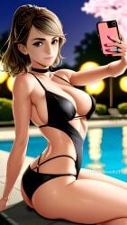 1girls ai_generated at_night big_breasts black_choker black_swimsuit blonde_hair brunette celebrity cellphone choker dark_eyes emma_watson female female_only harry_potter hermione_granger moewaifu974 nighttime painted_nails real_person selfie skinny solo solo_female swimming_pool teen teen_girl teenage_girl teenager tight_fit tiktok