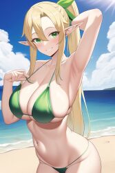 1girls ai_generated alluring beach big_breasts bikini blonde_hair cleavage female green_eyes leafa nightcore_(artist) ocean posing sea sword_art_online