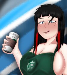 2023 adshtorm big_breasts black_hair blue_eyes breast breasts green_clothing iced_latte_with_breast_milk meme oc original_character red_hair starbucks