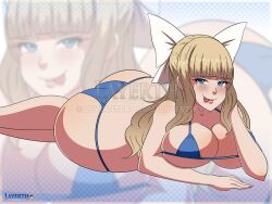 1girls :p alternate_costume ass bangs bare_legs bikini blonde_hair blue_bikini blue_eyes blue_swimsuit bow breasts charlotte_(fire_emblem) cleavage female female_only fire_emblem fire_emblem_fates large_ass large_breasts layerth legs licking_lips long_hair looking_at_viewer micro_bikini naughty_face nintendo pose seductive seductive_smile sideboob solo swimsuit the_pose tongue tongue_out underboob white_bow