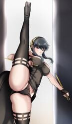 1girls 2022 ass assassin big_breasts black_dress black_hair black_panties black_thighhighs dagger female_human high_heels human leg_lift leg_up looking_at_viewer mature_female moni_pai pixiv red_eyes sidelocks solo splits spread_legs spy_x_family standing_on_one_leg standing_split stiletto_(weapon) thick_thighs thigh_boots thighhighs thorn_princess vertical_splits yor_briar yor_forger