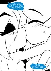 angel blue_eyes blush bodily_fluids breasts closed_eyes comic demon dialogue duo female female/female hi_res incest kissing monochrome red_eyes sibling sister sisters sweat xierra099 yuri